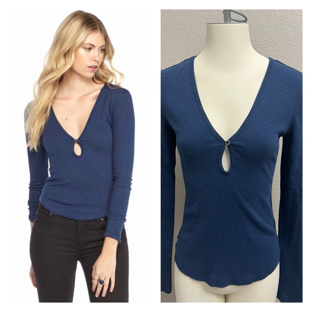 We The Free Free People Ribbed Navy Blue Tate Keyhole Long Sleeve Tee Medium